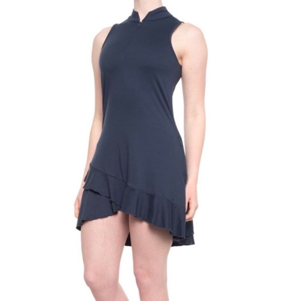 Kyodan deep blue sleeveless tennis dress with ruffled bottom and zip neck - L
